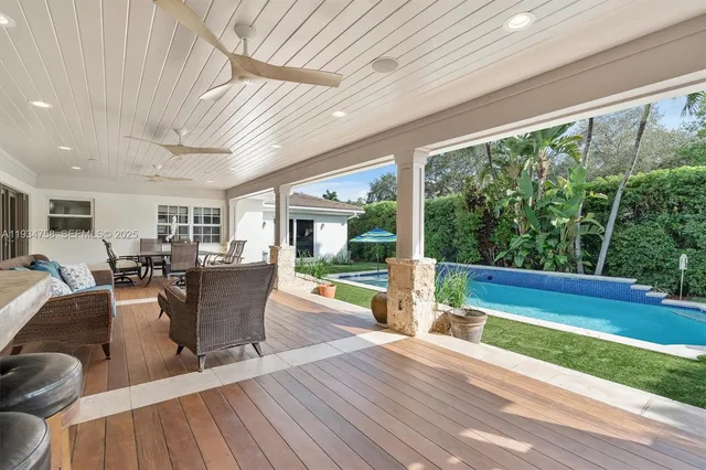 a view of a house with swimming pool and garden
