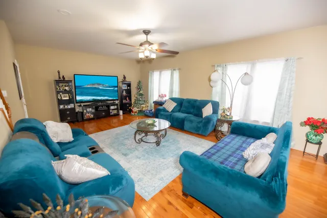 a living room with furniture potted plant and a flat screen tv
