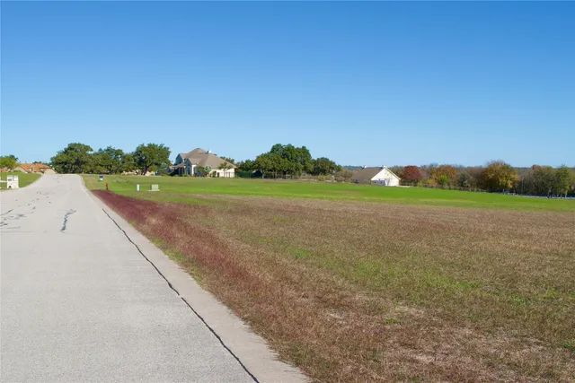 a view of a field with an trees in the background