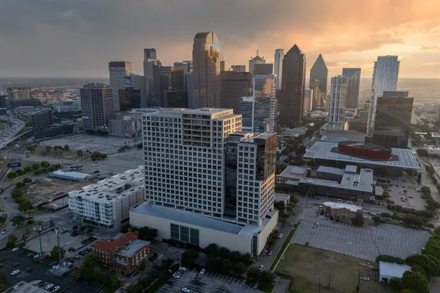 a city view with tall buildings