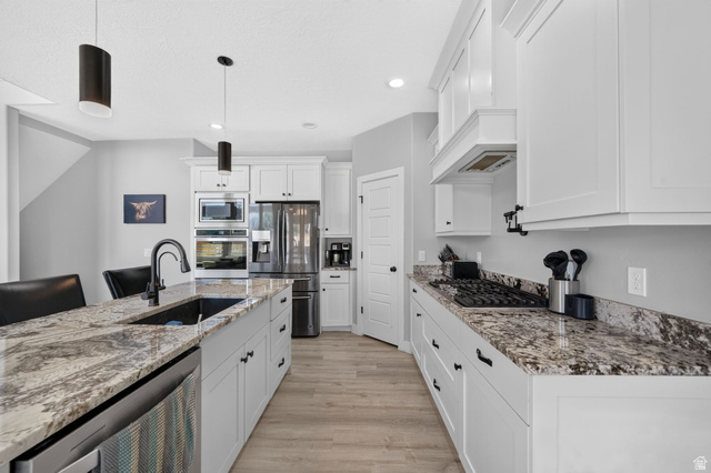 3644 Spiral Springs Road Tooele, UT 84074 - Photo 8 of 41 White shaker cabinetry, stainless steel appliances, wood-finish flooring, island with integrated sink, and stone countertops