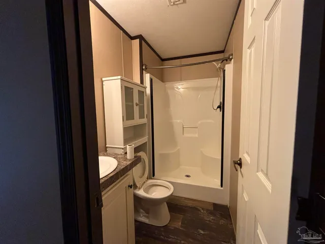 a bathroom with a shower and a toilet