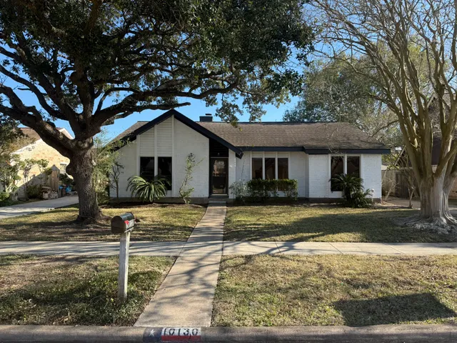 a view of a yard in front of a house with a large tree