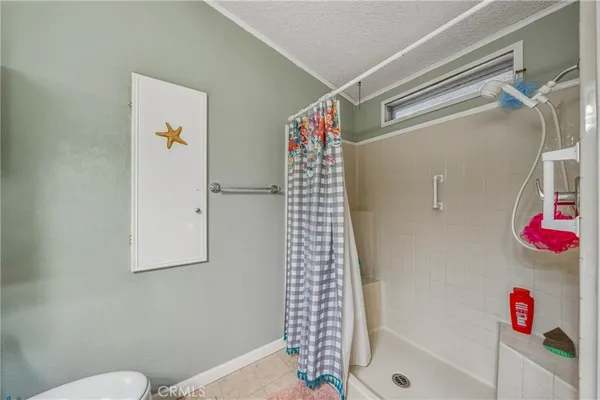 a bathroom with a shower and a toilet