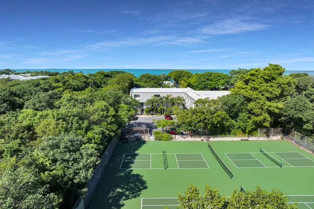 a view of a tennis ground with a small pool