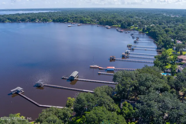 a aerial view of a house with a yard and lake view