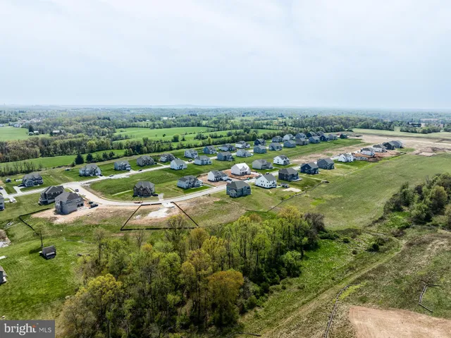 an aerial view of residential houses with outdoor space and trees