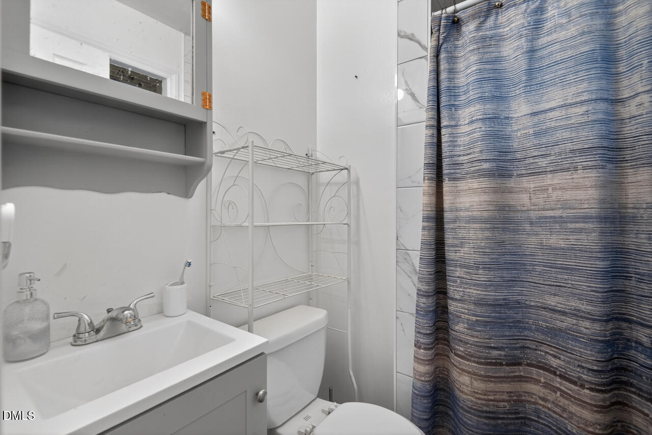 1420 Goodwin Road Durham, NC 27712 - Photo 28 of 54 a bathroom with a sink a toilet and shower curtain