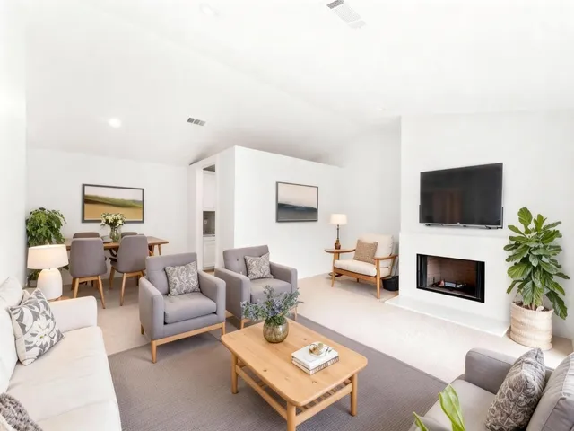 a living room with furniture a flat screen tv and a fireplace