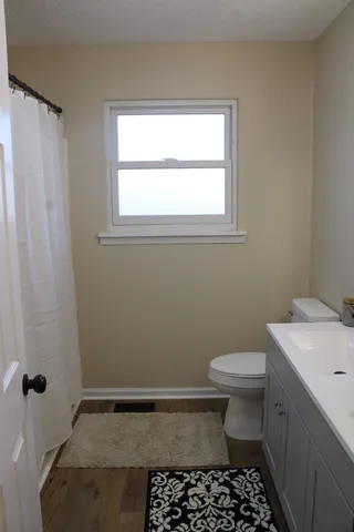 a bathroom with a sink a toilet a window and a shower