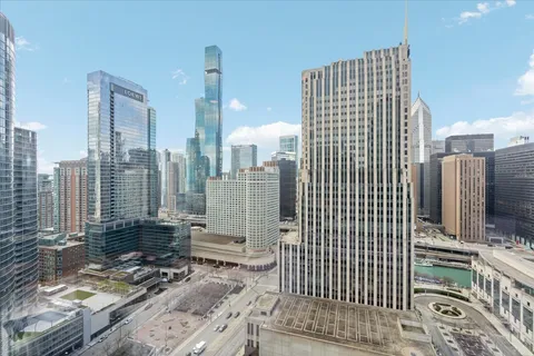 a city view with tall buildings