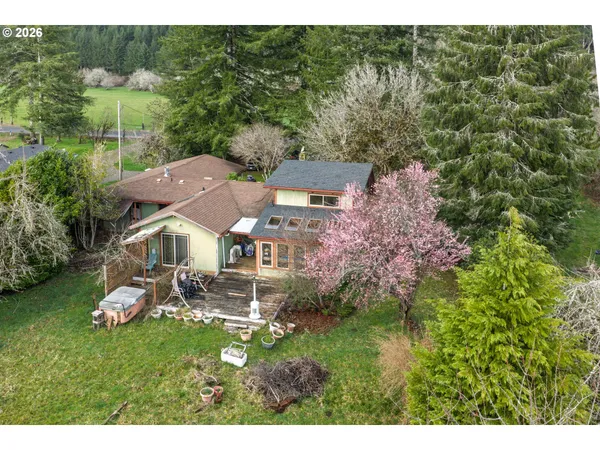 a aerial view of a house with a garden