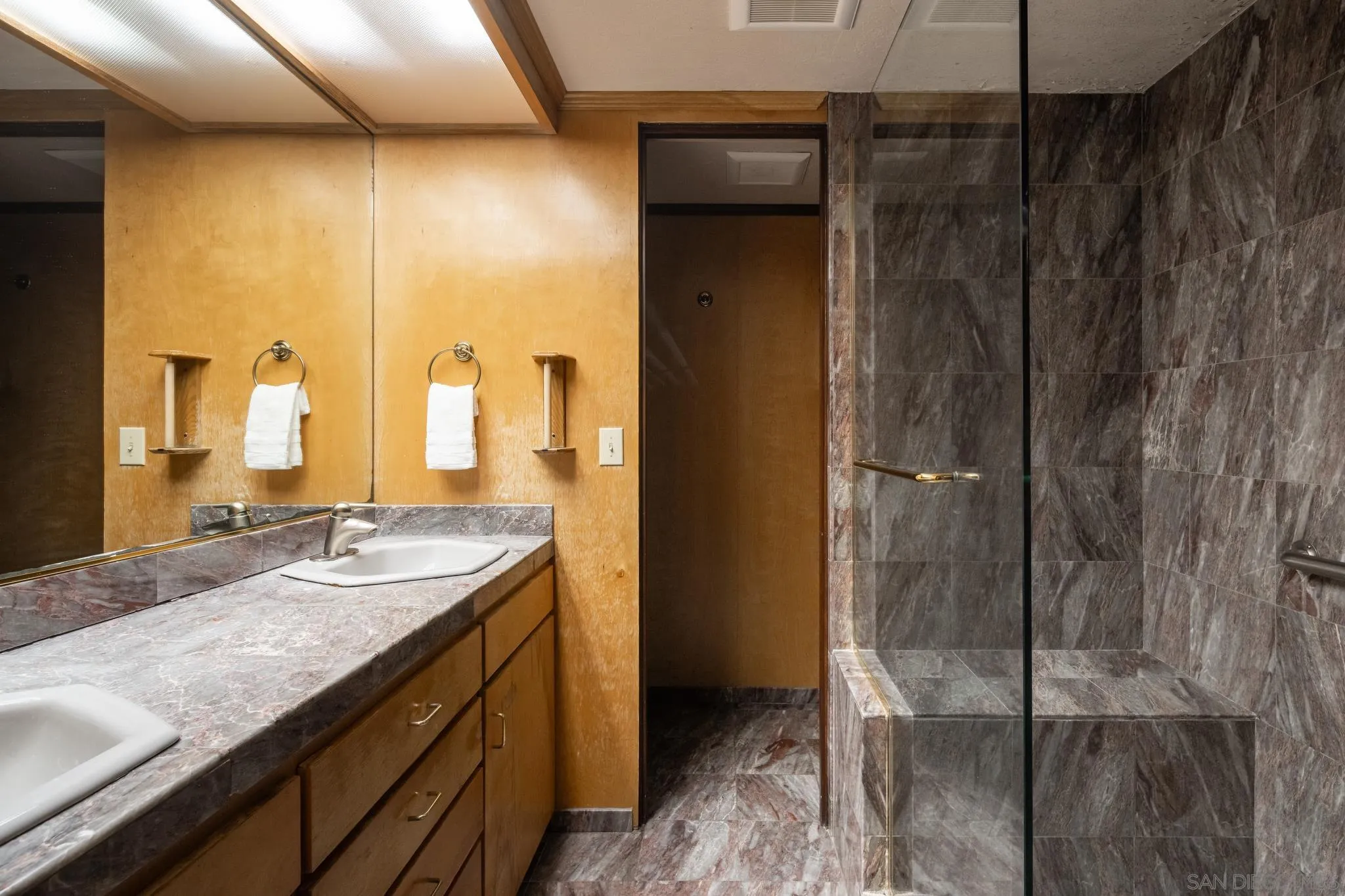 1010 Myrtle Way San Diego, CA 92103 - Photo 30 of 70 a bathroom with a granite countertop sink and a mirror