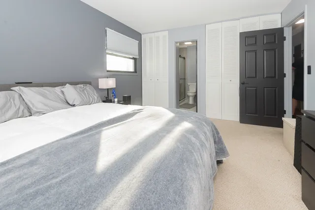 a spacious bedroom with a bed and a cabinets