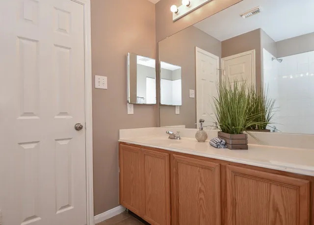 a bathroom with a sink a vanity and a mirror