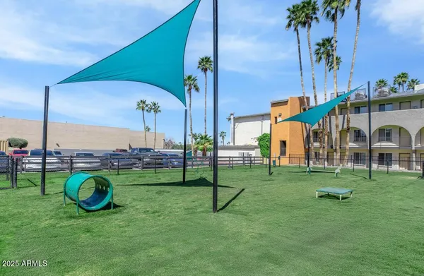 a view of a park with slide