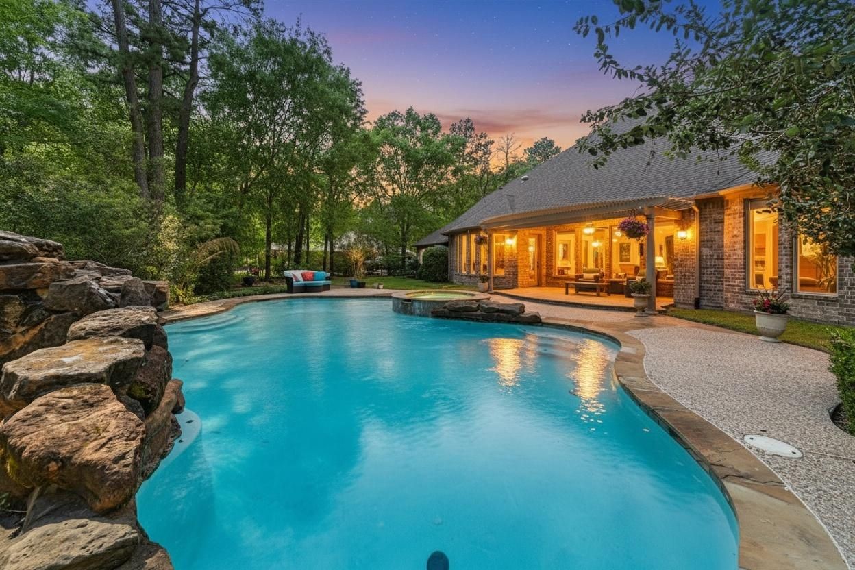 Backyard oasis with a pool, mature trees, and a covered patio! Perfect for entertaining or relaxing. [virtually enhanced]