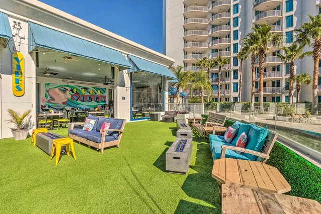 a building outdoor space with patio furniture