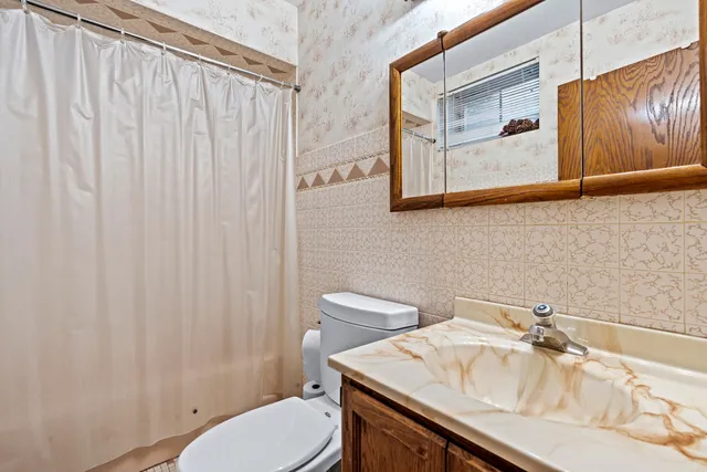 a bathroom with a sink a toilet and shower curtain