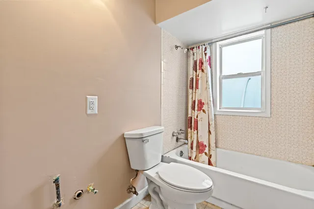 a backyard of a house with plants and large tree