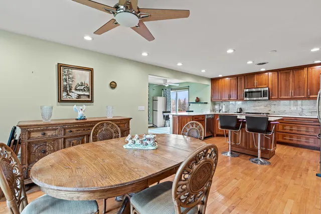 a view of a dining room with furniture