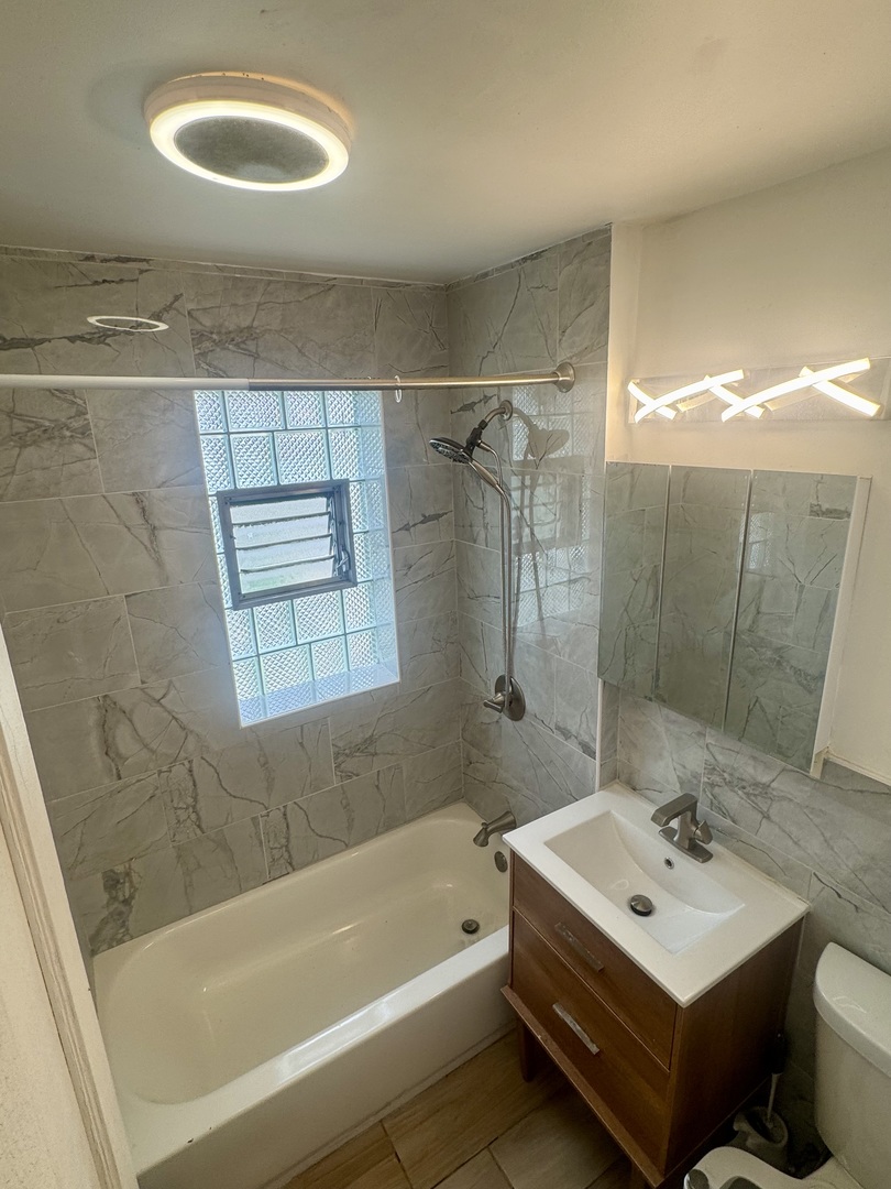 6638 South Greenwood Avenue, Unit 2B Chicago, IL 60637 - Photo 18 of 23 a bathroom with a tub sink and a mirror