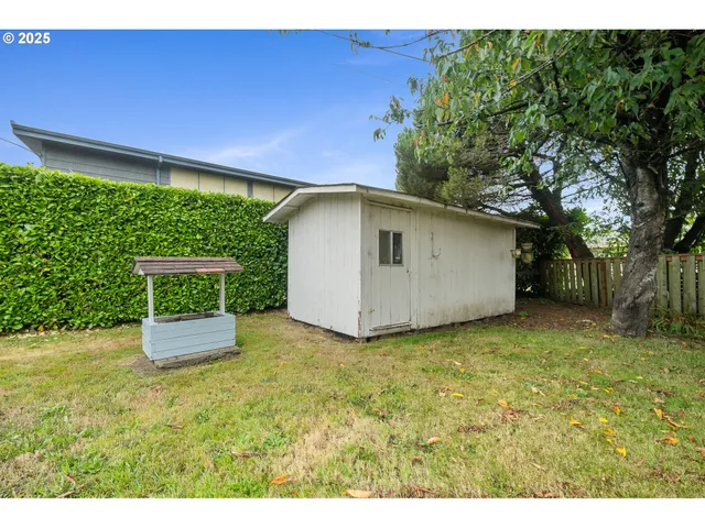 a view of a backyard with potted plants