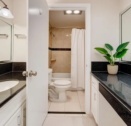 a bathroom with a granite countertop sink a toilet and shower