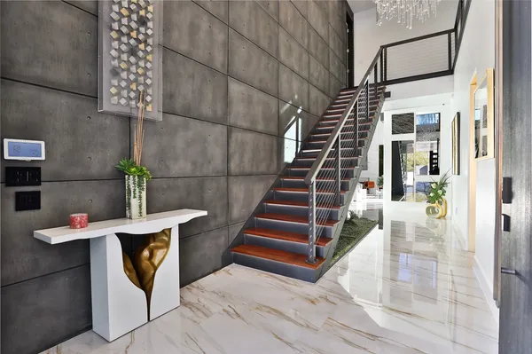 a view of a hallway with painted walls