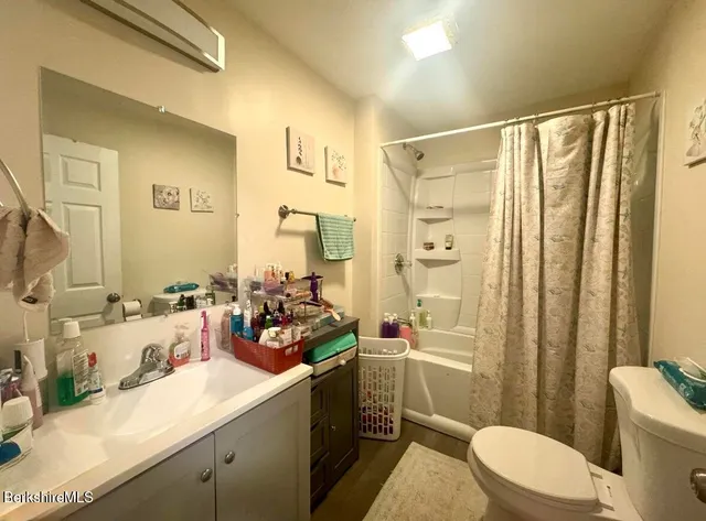 a bathroom with a double vanity sink toilet mirror and shower