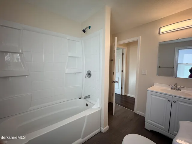 a bathroom with a tub toilet sink vanity and mirror
