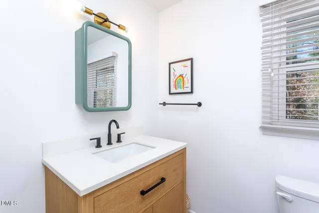a bathroom with a sink a mirror and a toilet