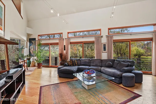 a living room with a couch and a potted plant