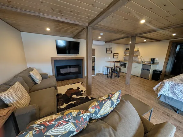 a living room with furniture a flat screen tv and a fireplace