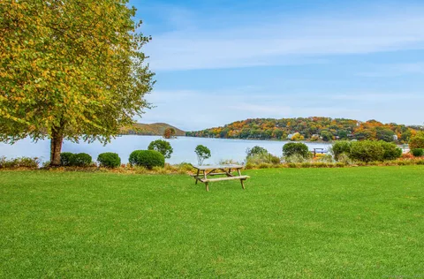 a view of a garden with houses