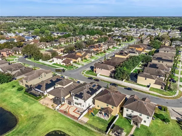 an aerial view of a house with a swimming pool