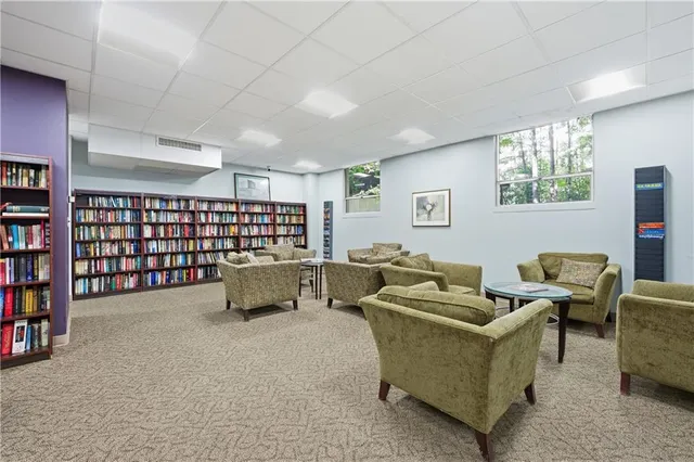 a garden view with a seating space