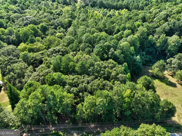 an aerial view of residential house with outdoor space and trees all around