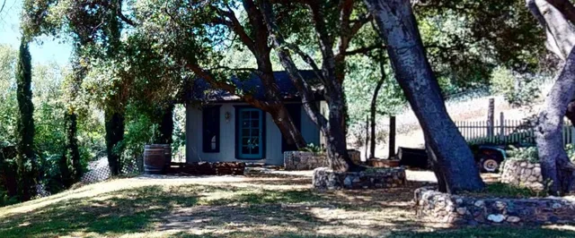 a front view of a house with a tree