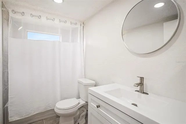 a bathroom with a sink a toilet and a mirror