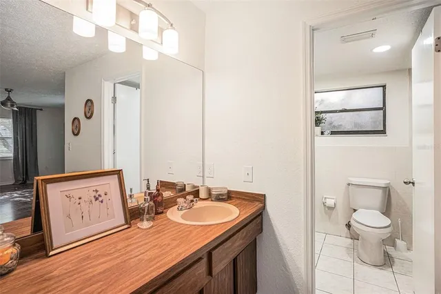 a bathroom with a sink a toilet and mirror