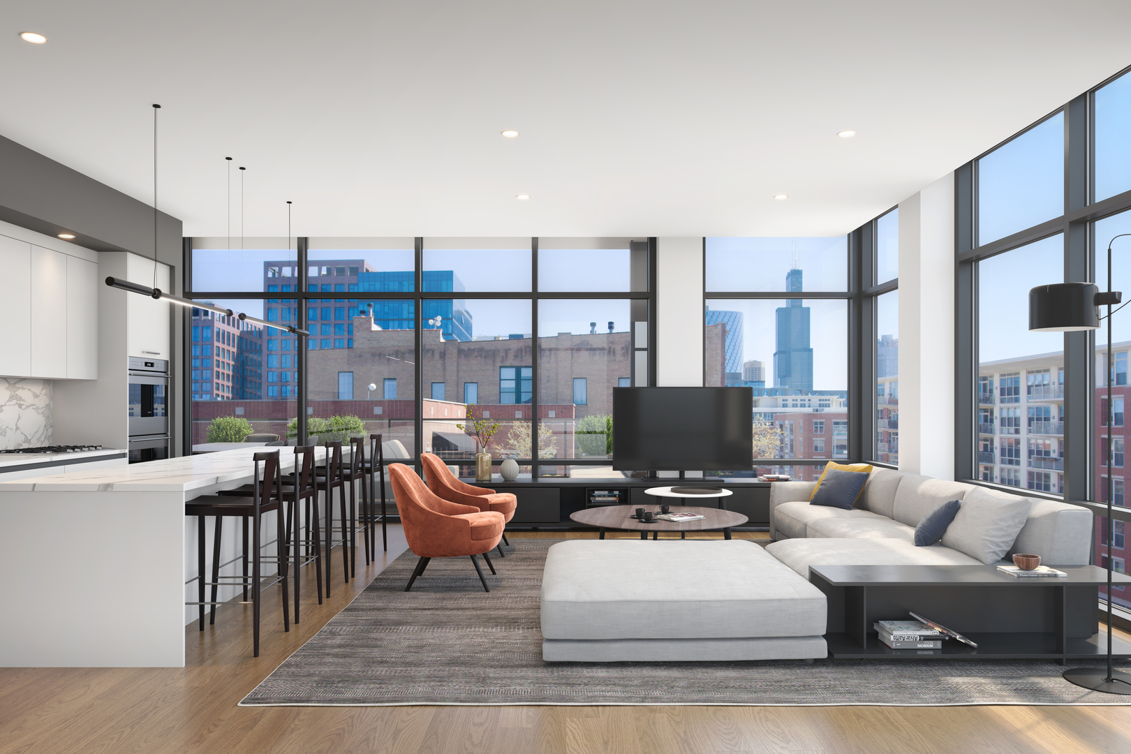 6 North Carpenter Street, Unit 3E Chicago, IL 60607 - Photo 6 of 9 a living room with furniture and large windows