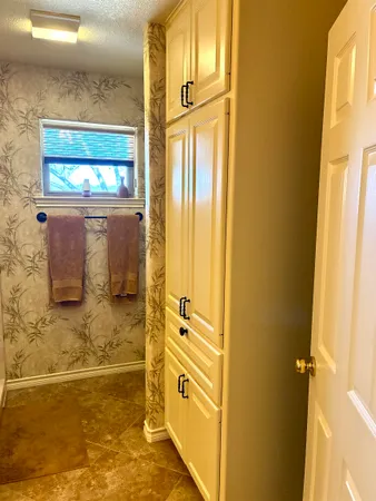 a view of a bathroom with a tub