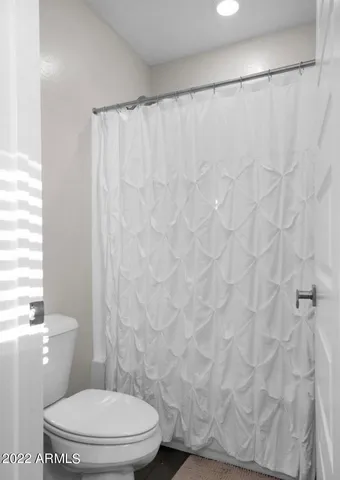 a white toilet sitting next to a shower curtain