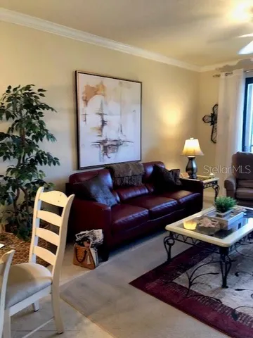 a living room with furniture a lamp and a potted plant