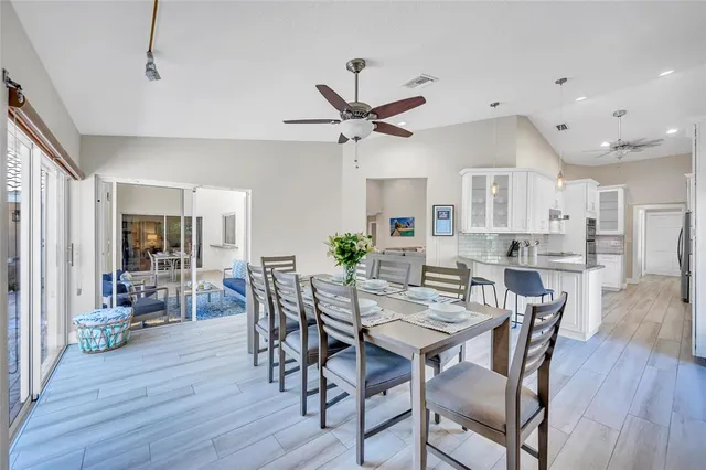 a view of a dining room with furniture