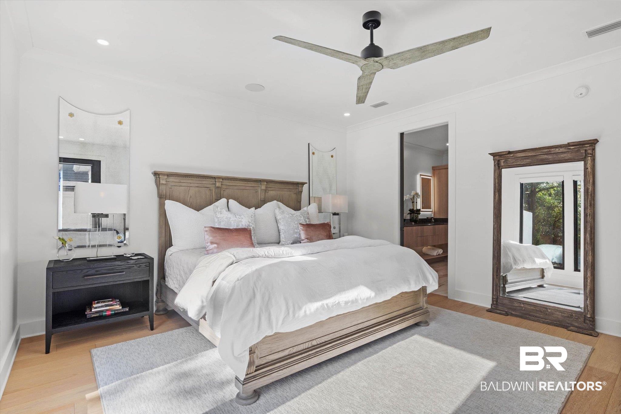 69 Jordan Lane Mobile, AL 36608 - Photo 19 of 57 Bedroom featuring light wood-style flooring, ornamental molding, ceiling fan, ensuite bath, and recessed lighting