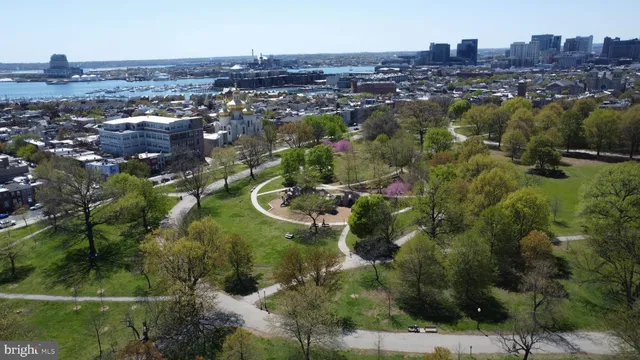 an aerial view of residential houses with outdoor space and trees