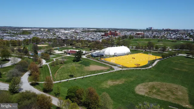 an aerial view of a pool