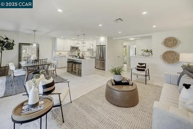 a living room with furniture potted plant and kitchen view